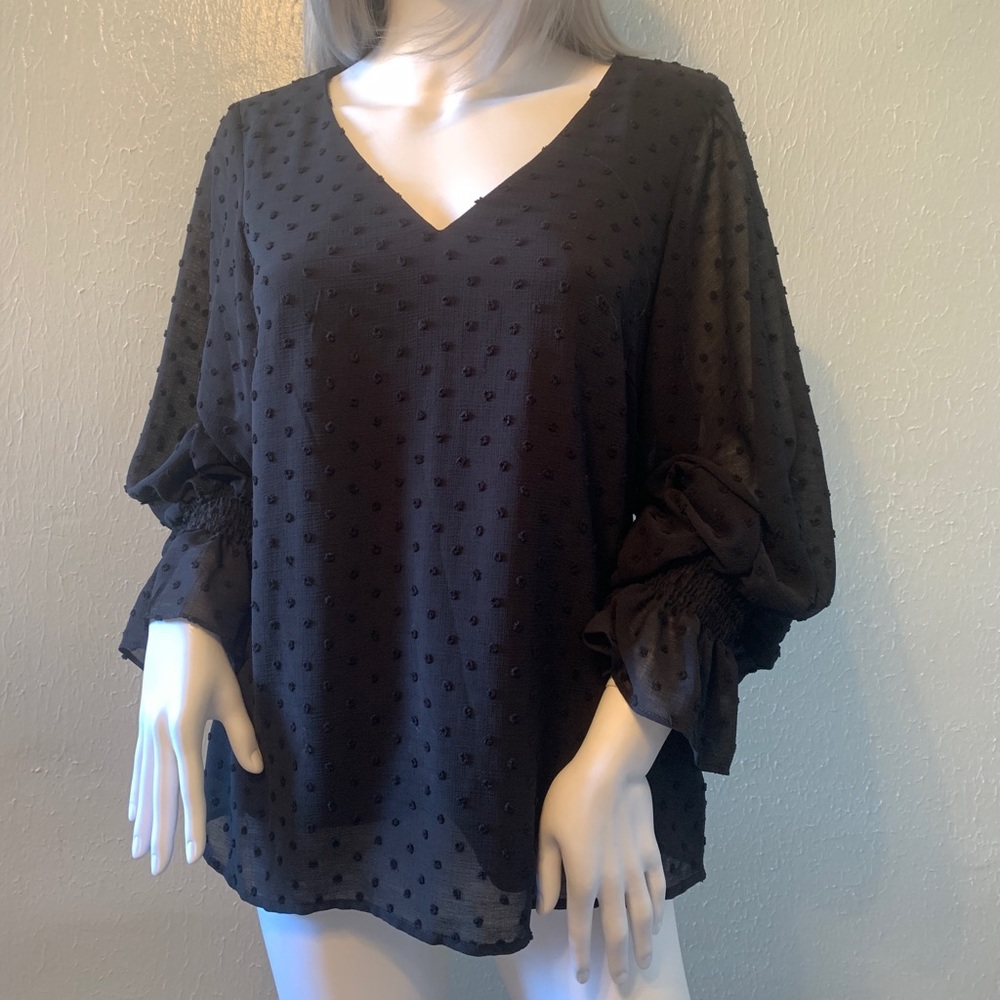 Black Flocked Chiffon L/S Bishop Sleeve Blouse